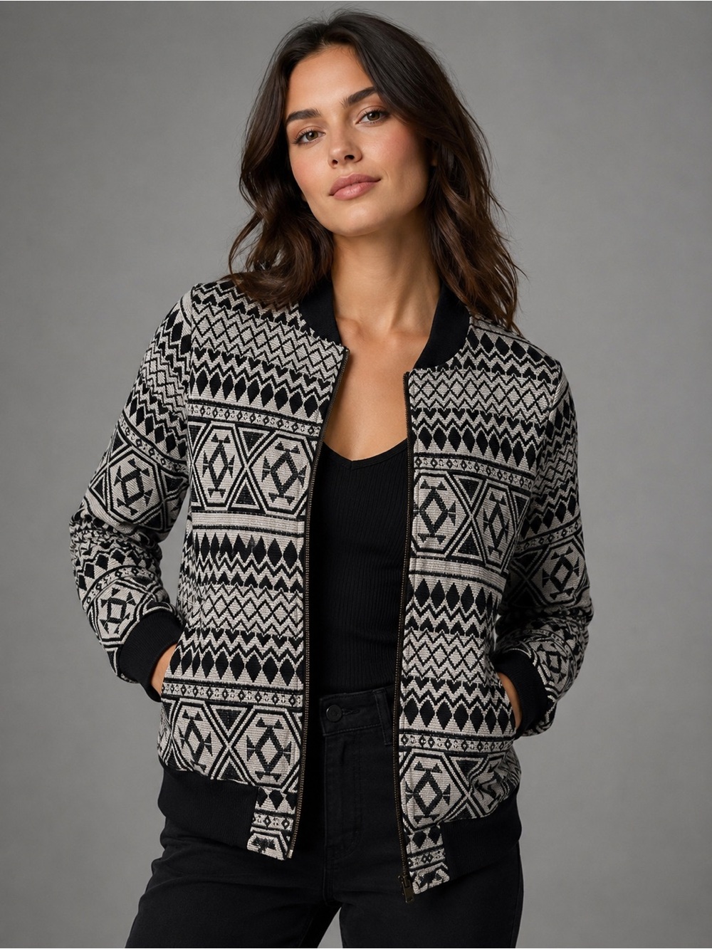 House of Harlow Black White Geometric Jacquard Zip Bomber Jacket Small
